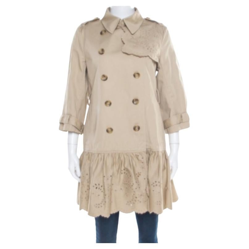 Red Valentino Beige Cotton Eyelet Embroidered Ruffled Double Breasted Coat M im Angebot