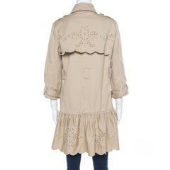Red Valentino Beige Cotton Twill Eyelet Embroidered Ruffled Double Breasted Coat