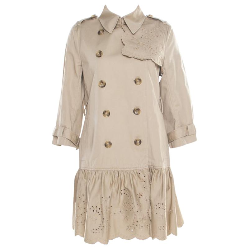 Red Valentino Beige Cotton Twill Eyelet Embroidered Ruffled Double Breasted Coat