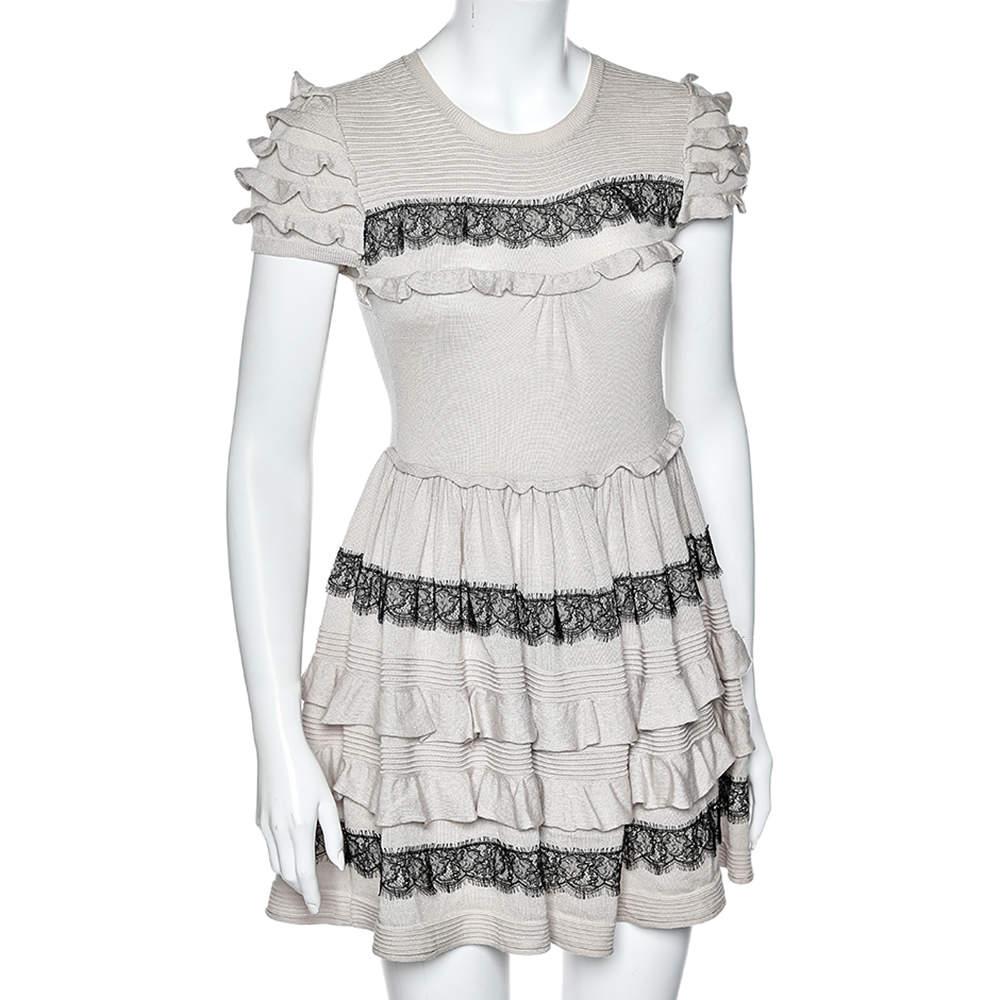 Gray RED Valentino Beige Wool Lace Trim Ruffled Mini Dress M For Sale