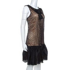 Red Valentino Black Beaded Lace and Silk Ruffle Detail Short Dress L
