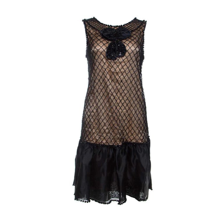 Red Valentino Black Beaded Lace and Silk Ruffle Detail Short Dress L at  1stDibs