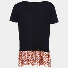 RED Valentino Black Cotton Knit & Embroidered Tulle Hem Top L