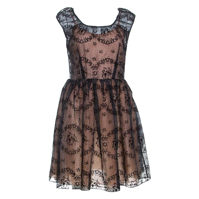 RED Valentino Black Floral Burnout Organza Short Dress S For Sale