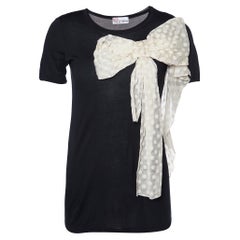 Red Valentino Black Jersey Contrast Bow Detail Raw Edged Top S
