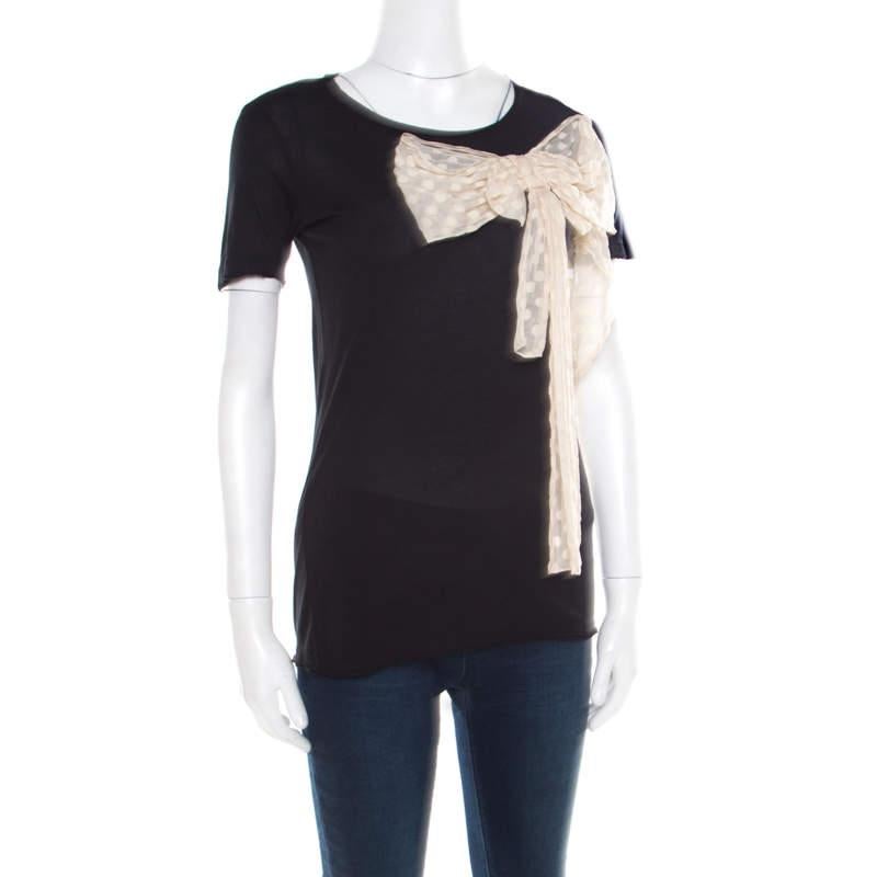 Red Valentino Black Jersey Contrast Bow Detail Raw Edged Top XS In Good Condition For Sale In Dubai, Al Qouz 2