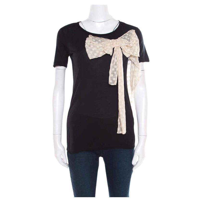 Red Valentino Black Jersey Contrast Bow Detail Raw Edged Top XS For Sale