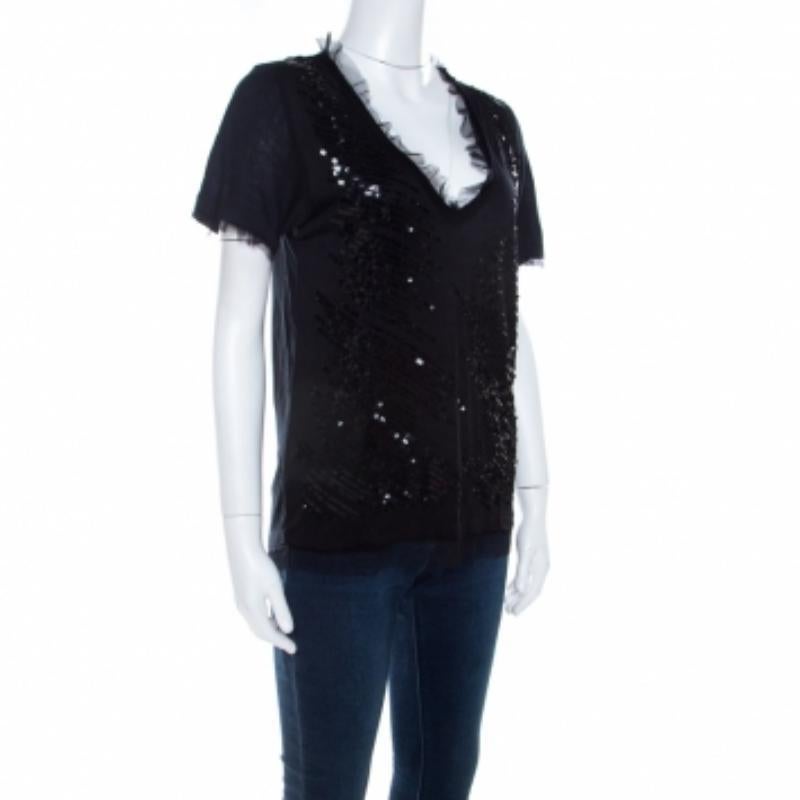 Nero S.I.V.A. Top in maglia nera con paillettes e pizzo con scollo a V. in vendita