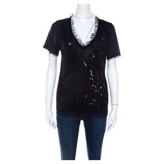 RED Valentino Black Knit Sequined Lace Trim V Neck Top S