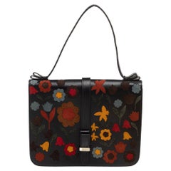 RED Valentino Black Leather and Floral Suede Shoulder Bag