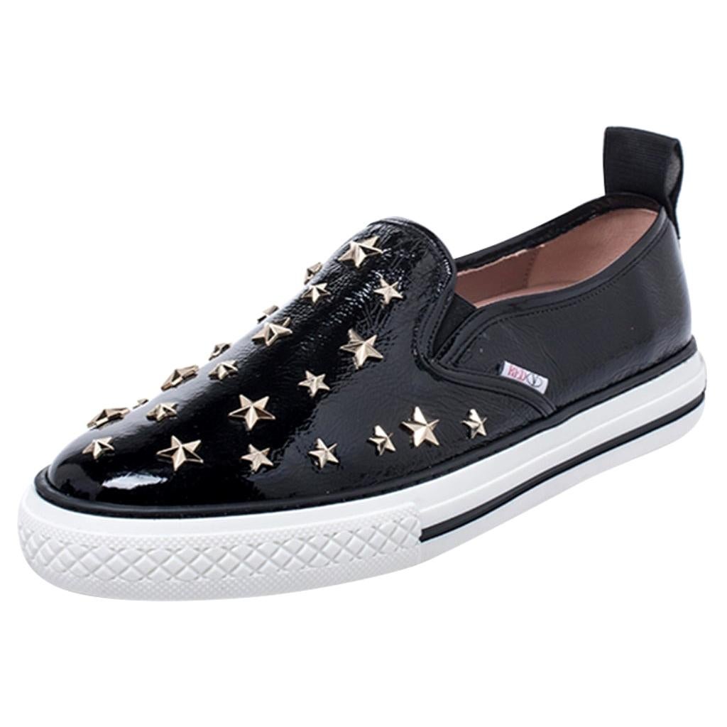 Red Valentino Black Patent Leather Star Embellished Slip On Sneakers Size 39