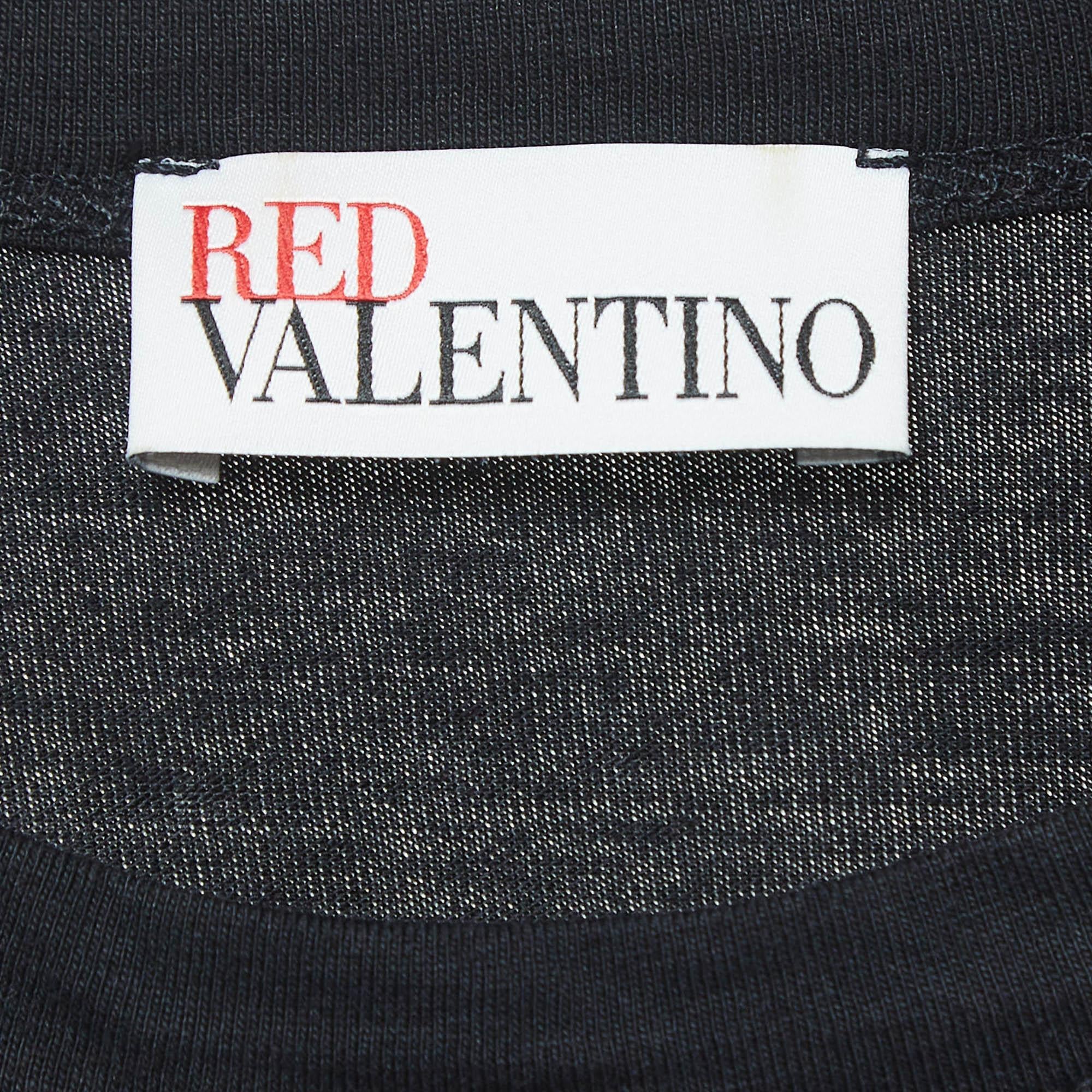 Women's RED Valentino Black Printed Cotton and Synthetic Flounce T-Shirt XS For Sale