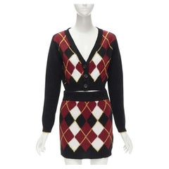 RED VALENTINO black red argyle check cropped cardigan mini skirt set XXS