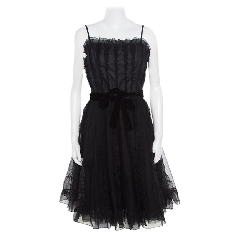RED Valentino Black Ruffle Detail Sleeveless Belted Tulle Dress M For ...