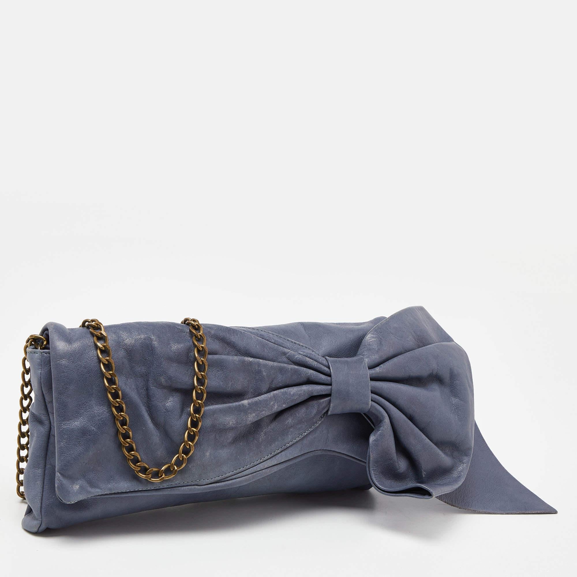 Gray RED Valentino Blue Leather Bow Chain Clutch