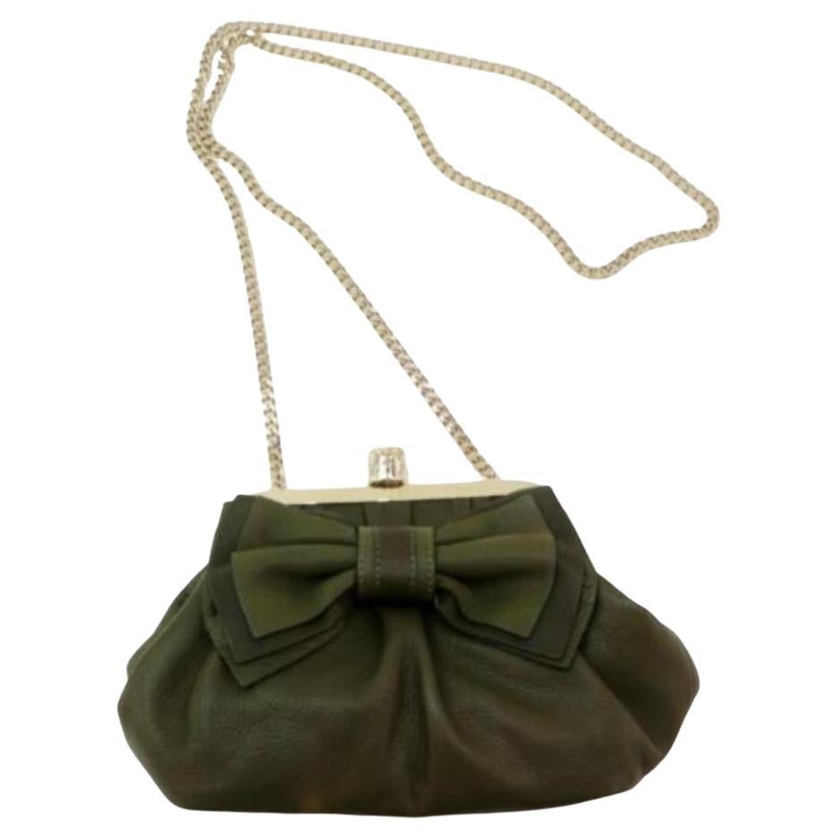 RED Valentino Chain Green Evening Kisslock 872894 Olive Leather Shoulder Bag For Sale