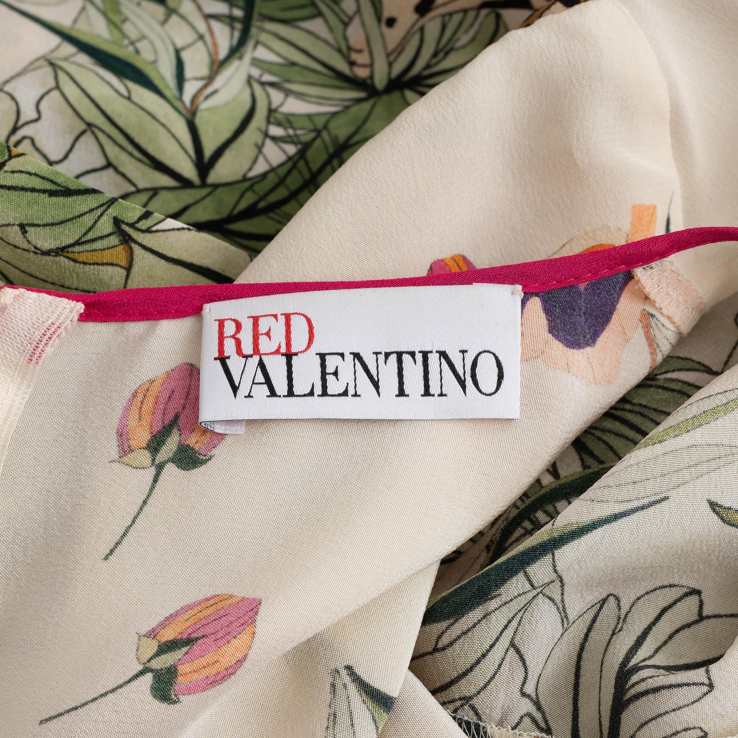 RED VALENTINO cream silk 2020 JUNGLE PRINT GATHERED MIDI Dress 44 L in vendita 1