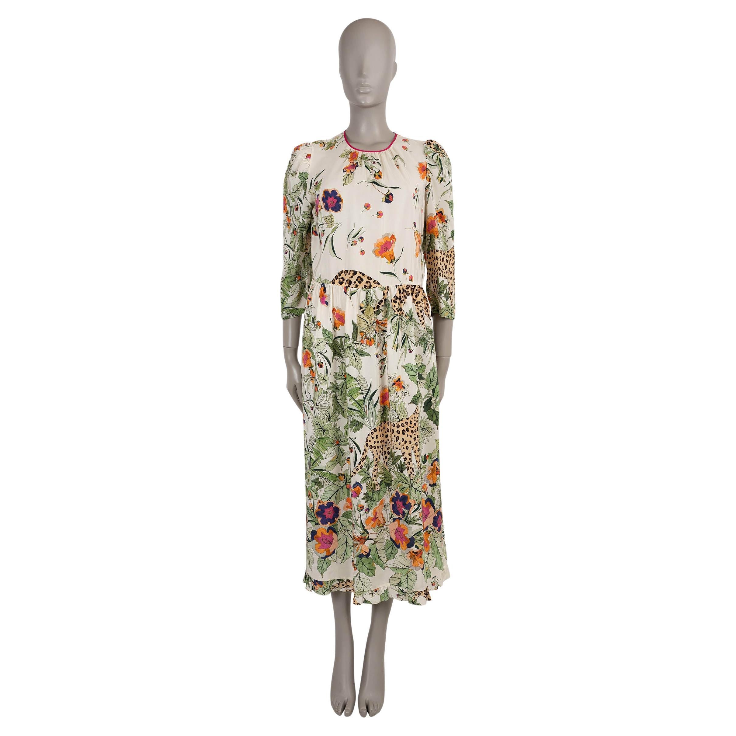 RED VALENTINO cream silk 2020 JUNGLE PRINT GATHERED MIDI Dress 44 L in vendita