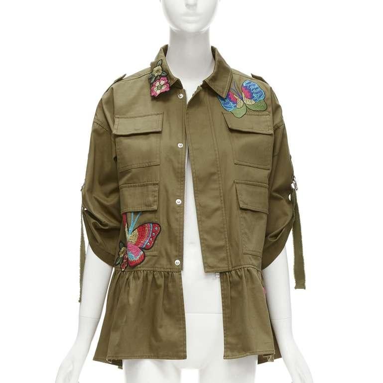 Women's RED VALENTINO green cotton Butterfly appliqu√ flared hem safari jacket IT38 S
