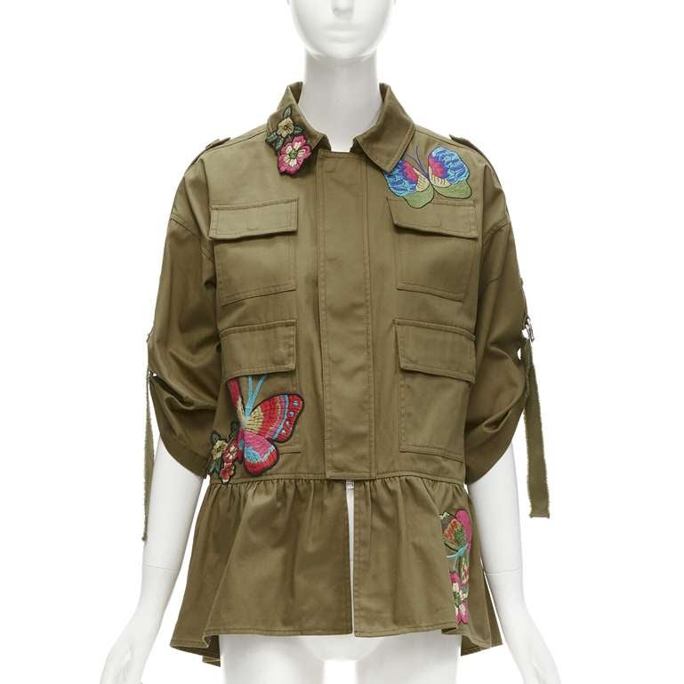 RED VALENTINO green cotton Butterfly appliqu√ flared hem safari jacket IT38 S