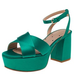 RED Valentino Green Satin Platform Ankle Strap Sandals Size EU 35