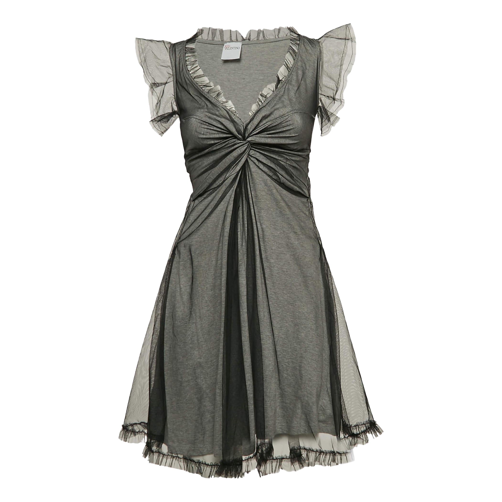 RED Valentino Grey/Black Tulle and Cotton Knit Ruffled Mini Dress S