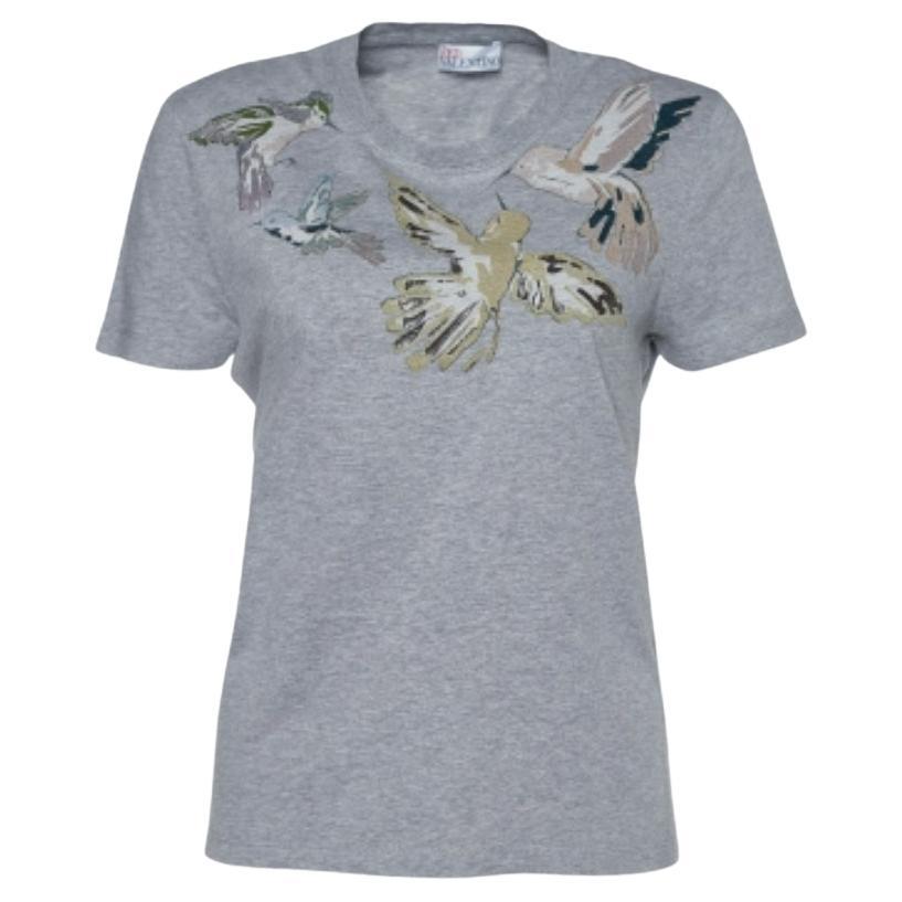 Valentino - T-shirt à manches courtes en coton gris imprimé oiseaux L en vente