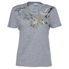 Valentino - T-shirt à manches courtes en coton gris imprimé oiseaux L