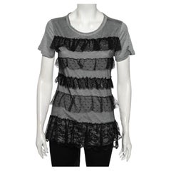 Red Valentino Grey Ruffled Lace and Jersey Short Sleeve T Shirt M