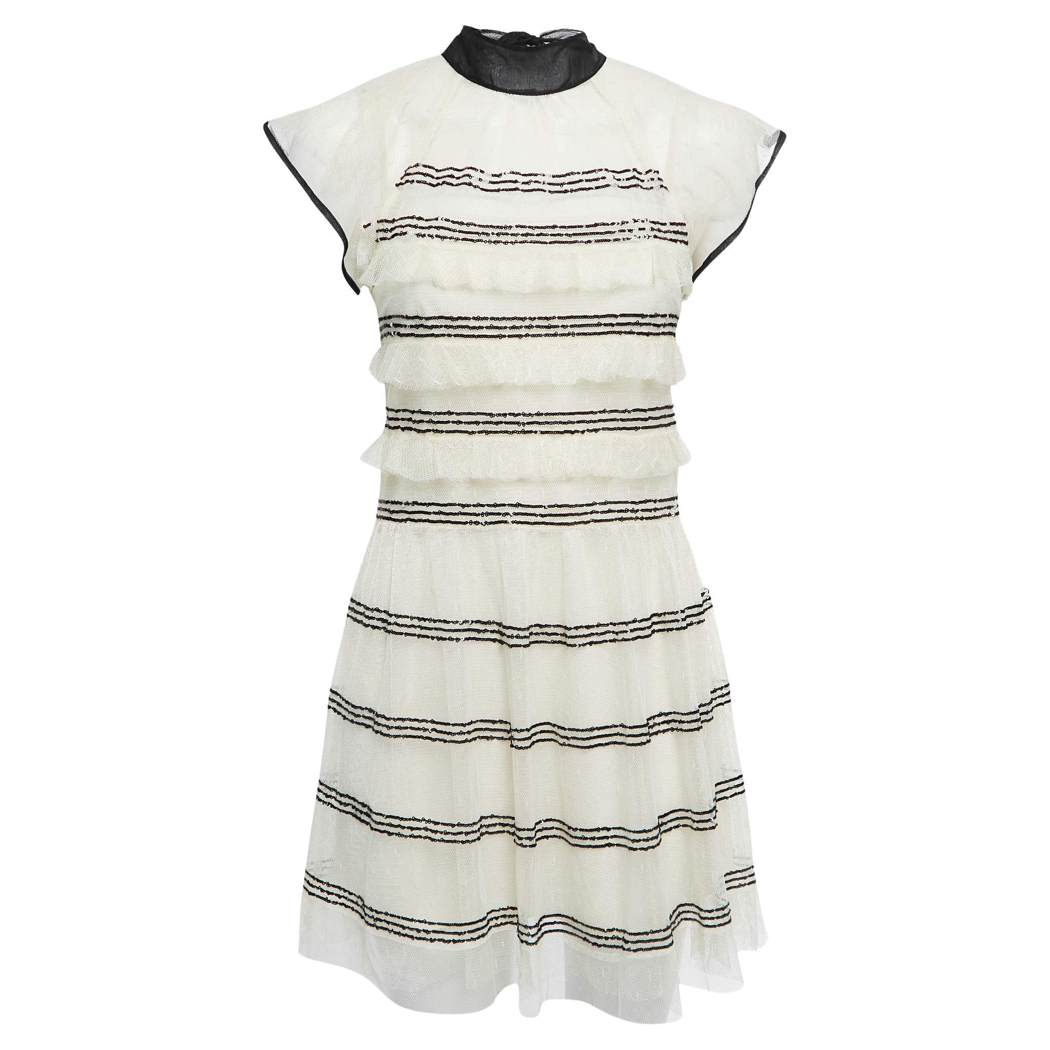 RED Valentino Ivory Tulle Contrast Sequined Neck Tie Detail Mini Dress S For Sale