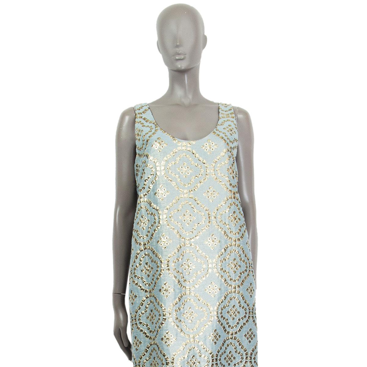 100% authentic R.E.D by Valentino lame' sleeveless shift dress in dove and gold acetate (42%), cotton (31%) and polyester (27%). Closes with a concealed zipper on the side. Lined in light blue cupro (50%) and viscose (50%). Has been worn and is in