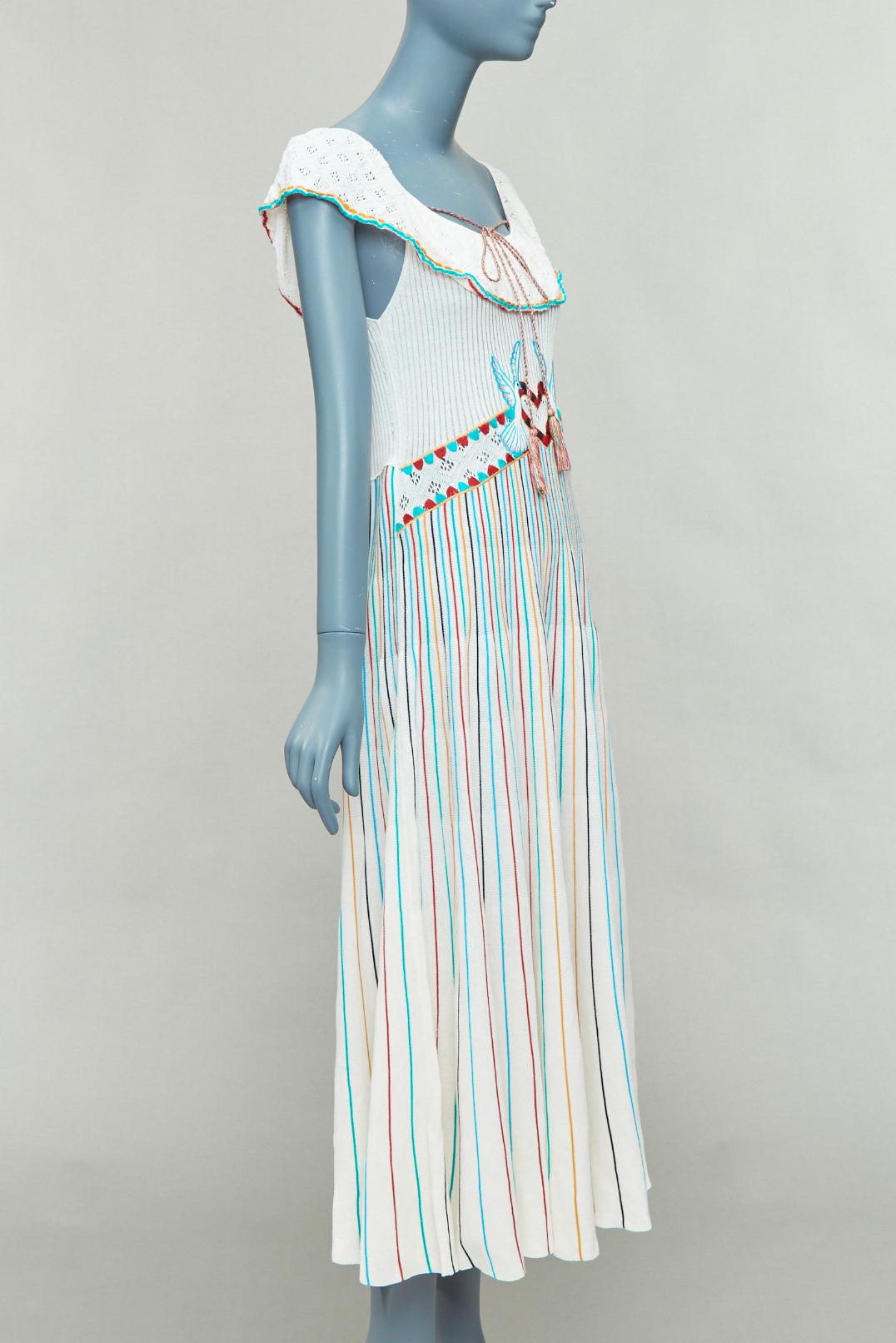 White RED VALENTINO multicolor cream cotton bird embroidery pleated knit dress M For Sale