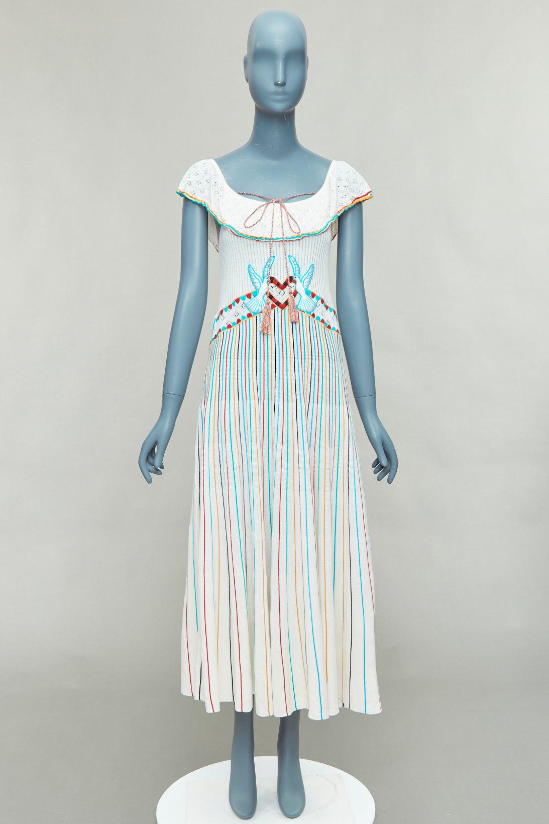 RED VALENTINO multicolor cream cotton bird embroidery pleated knit dress M For Sale 5