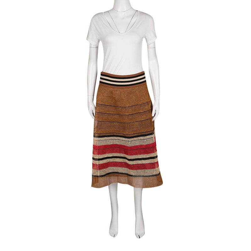 Brown RED Valentino Multicolor Raffia Effect Midi Skirt M