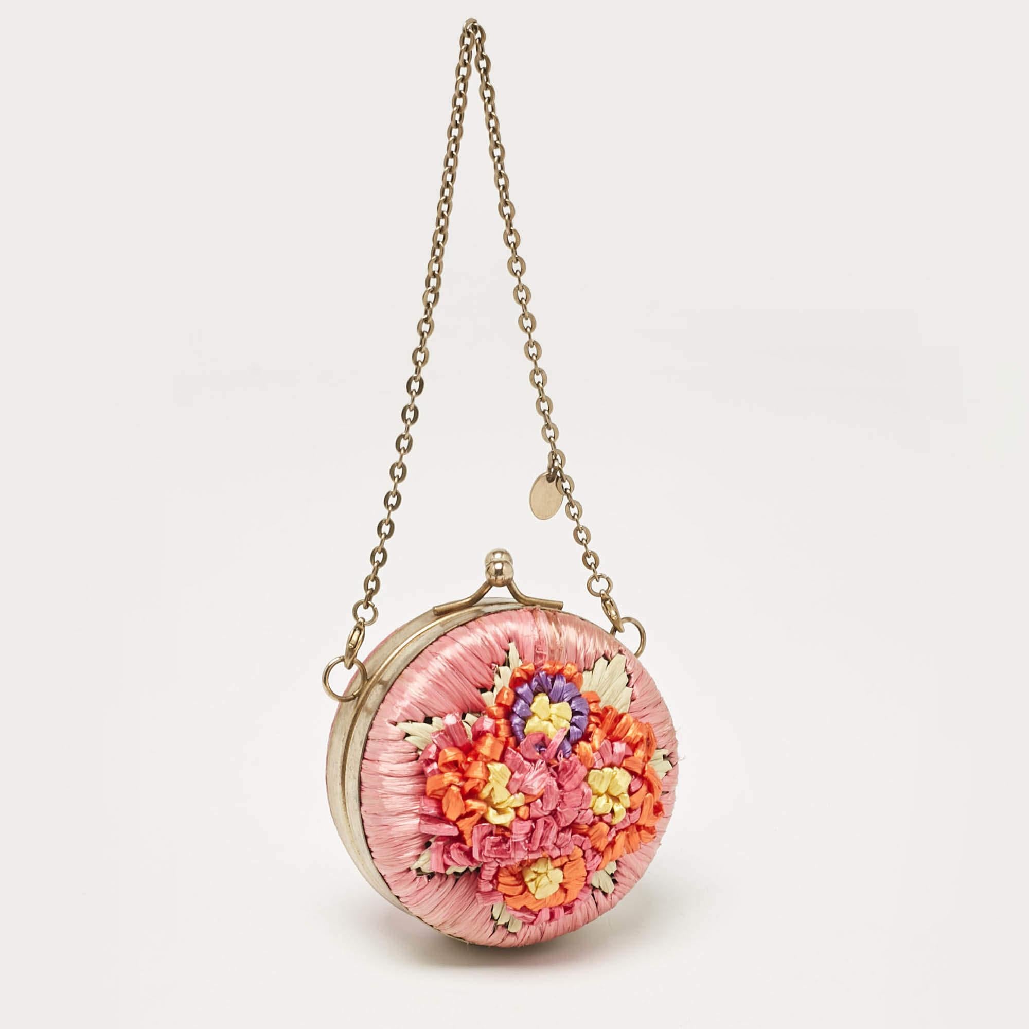 Beige RED Valentino Multicolor Straw and Leather Daisy Round Chain Purse For Sale