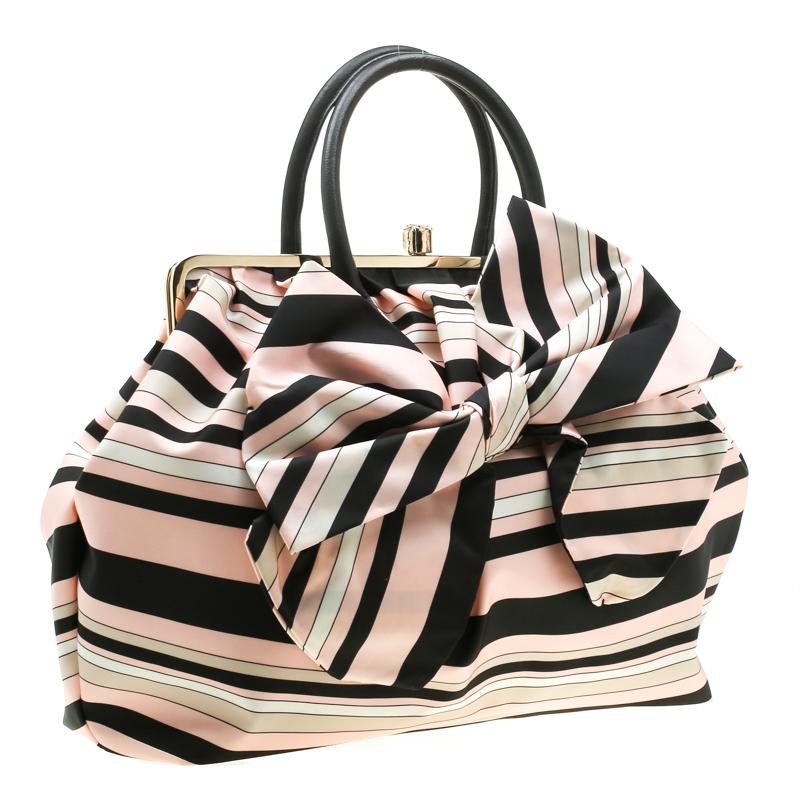 Beige RED Valentino Multicolor Striped Bow Fabric Frame Satchel