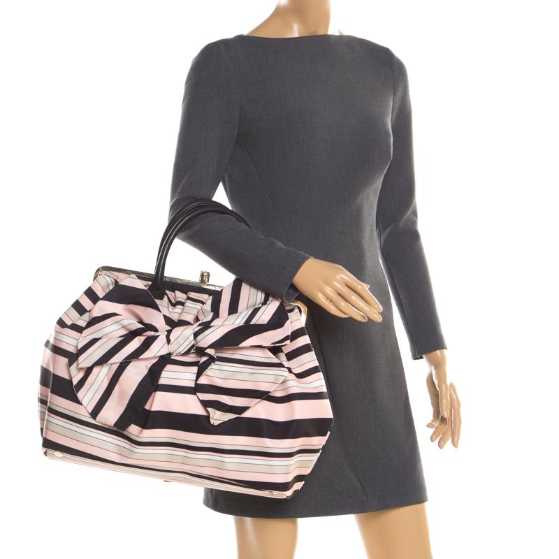Beige RED Valentino Multicolor Striped Bow Fabric Frame Satchel