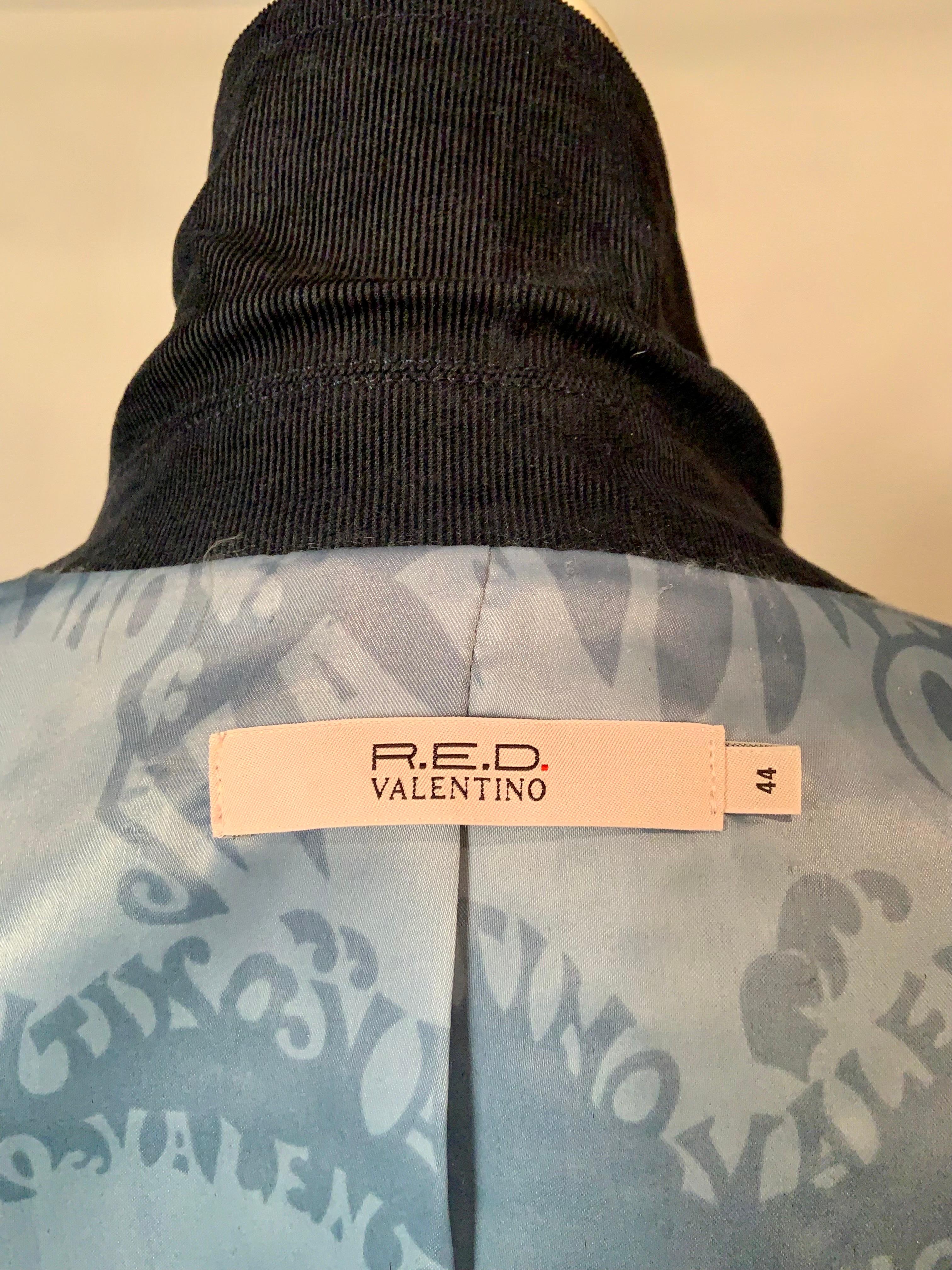 R.E.D. Valentino Navy Blue Corduroy Belted Jacket with V Logo Snaps on Pockets 2