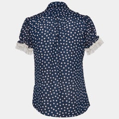 RED Valentino Navy Blue Dotted Crepe Puff Sleeve Blouse S