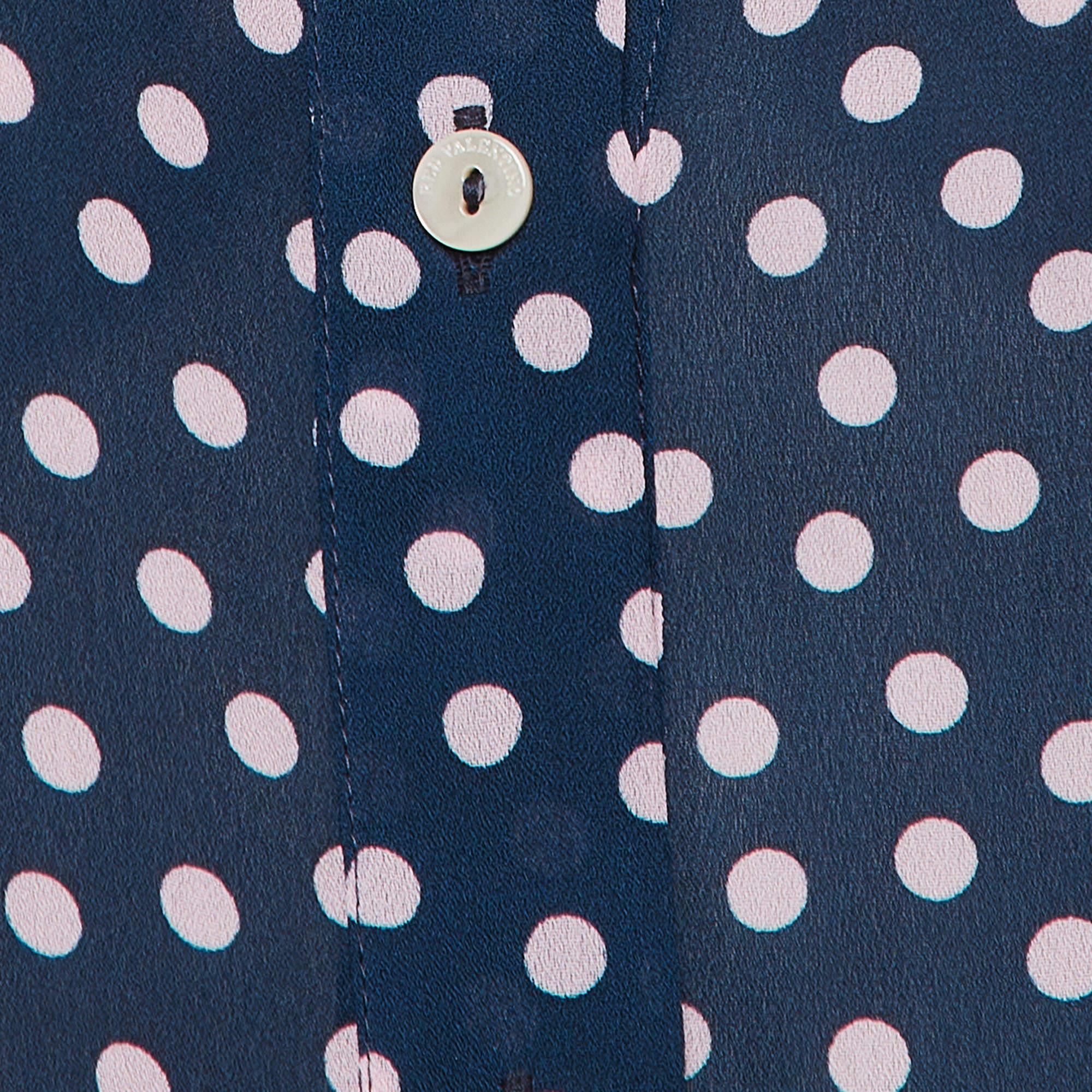 Black RED Valentino Navy Blue Dotted Crepe Puff Sleeve Blouse S For Sale