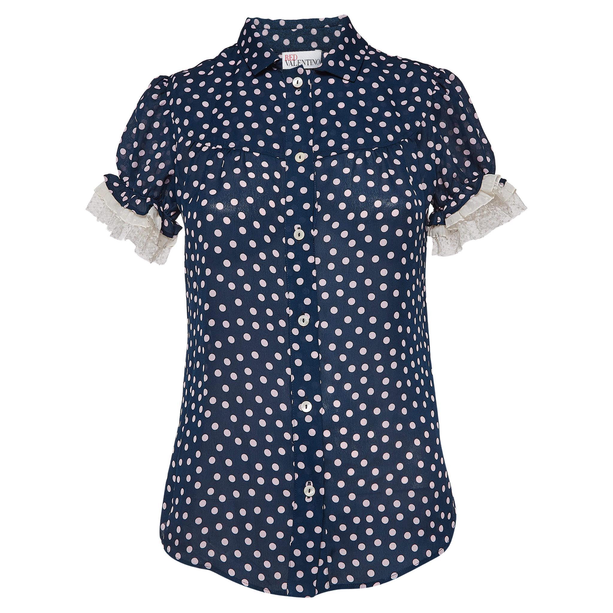 RED Valentino Navy Blue Dotted Crepe Puff Sleeve Blouse S