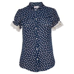 Valentino - Blouse à manches bouffantes en crêpe rouge à pois bleu marine S