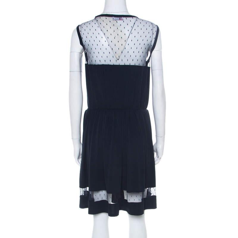 RED Valentino Navy Blue Sheer Lace Panel Insert Sleeveless Sheath Dress XL In Good Condition For Sale In Dubai, Al Qouz 2