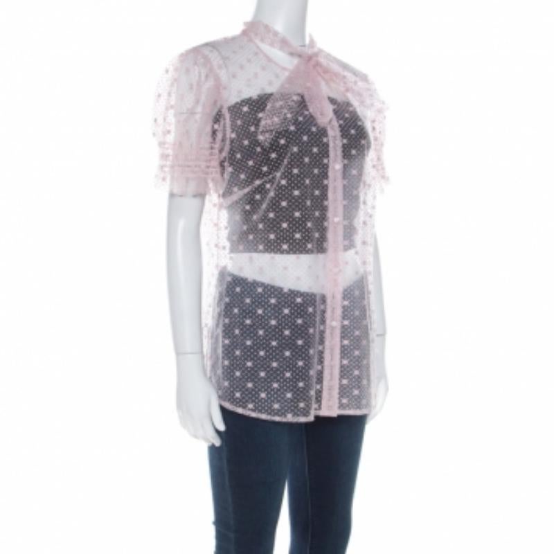 Red Valentino Camicetta rosa pallido in tulle con fiocco e dettaglio trasparente L in vendita 1