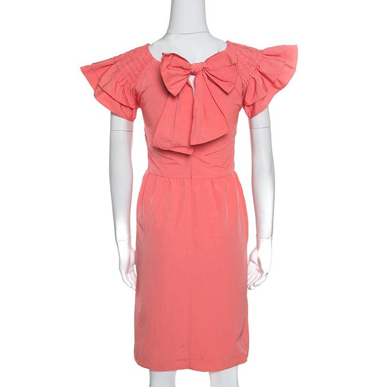 Red Valentino Peach Cotton Blend Smocked Sleeve Detail Sheath Dress S ...
