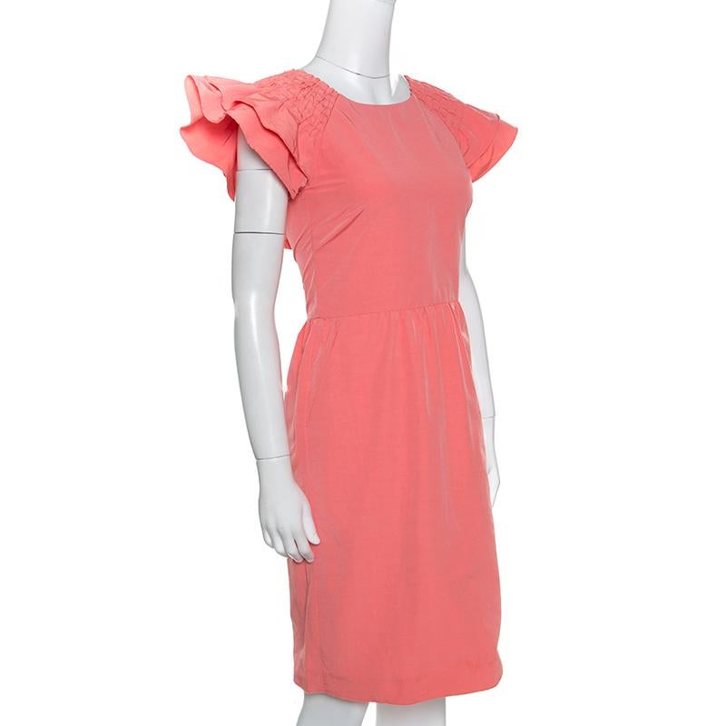 Red Valentino Peach Cotton Blend Smocked Sleeve Detail Sheath Dress S In Good Condition In Dubai, Al Qouz 2