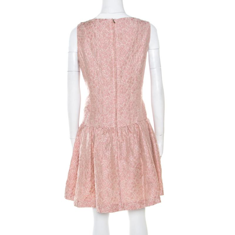 Beige Red Valentino Pink and White Textured Drop Waist Sleeveless Dress M