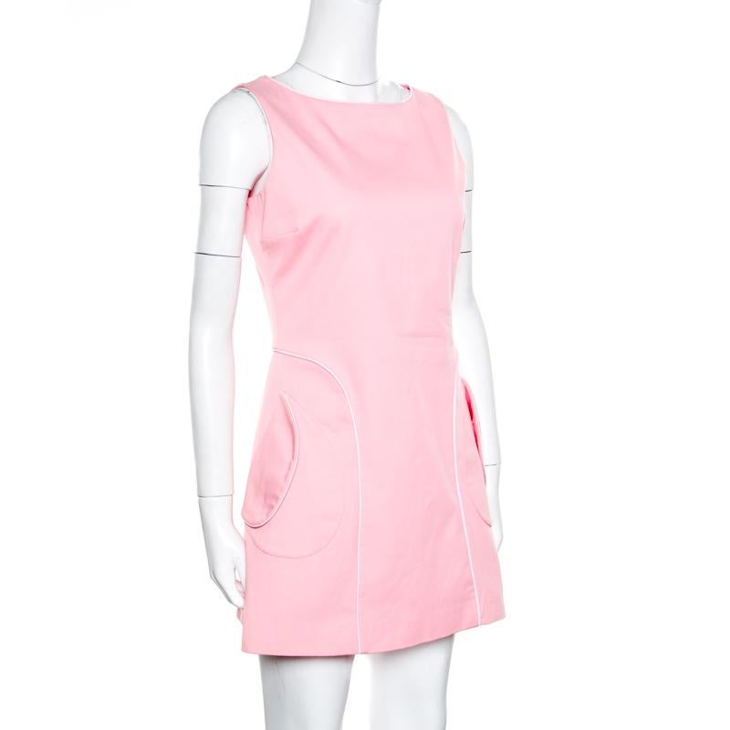 RED Valentino Pink Cotton Contrast Piping Bow Detail Sleeveless Dress M In Good Condition In Dubai, Al Qouz 2