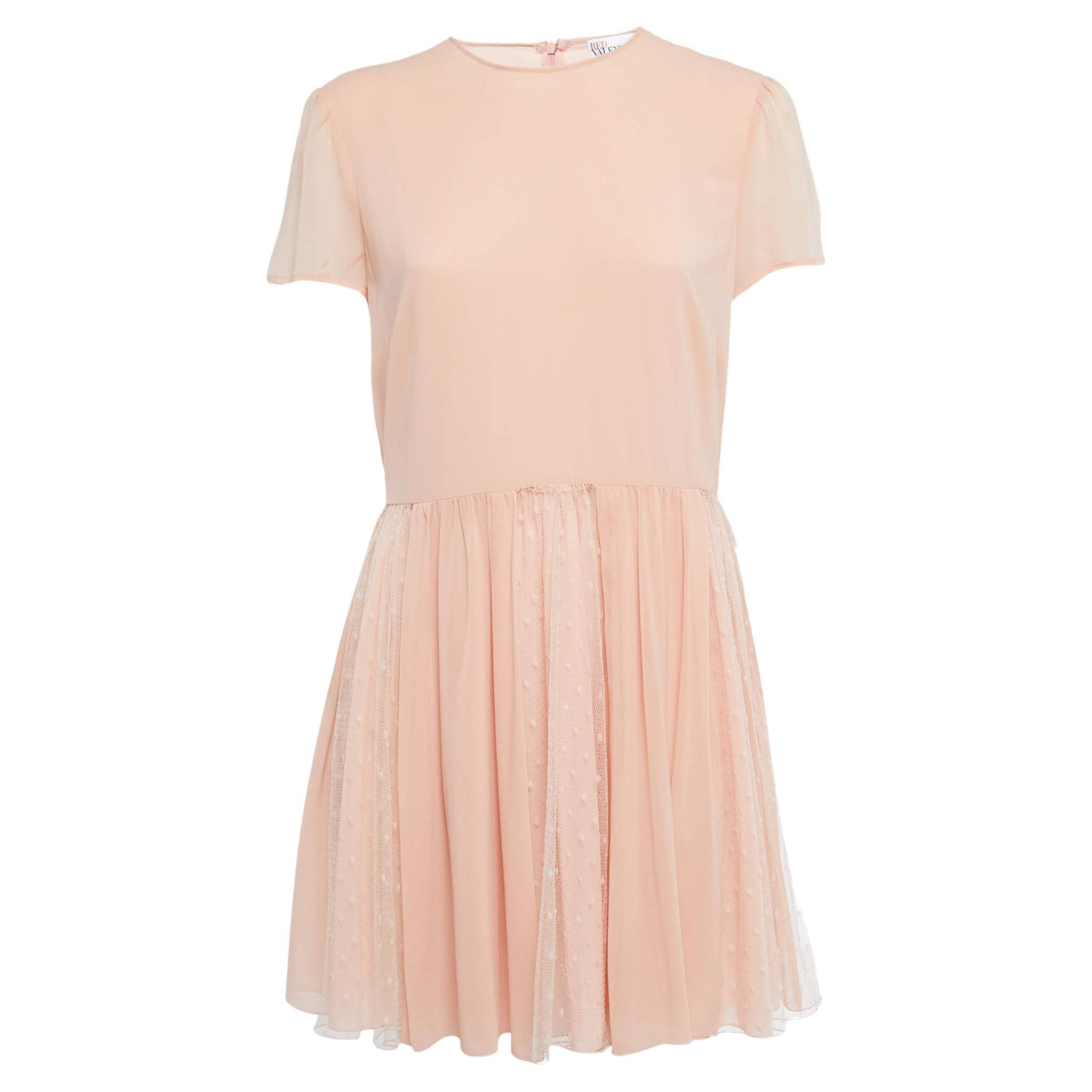 RED Valentino Pink Silk & Lace Short Sleeve Mini Dress L For Sale