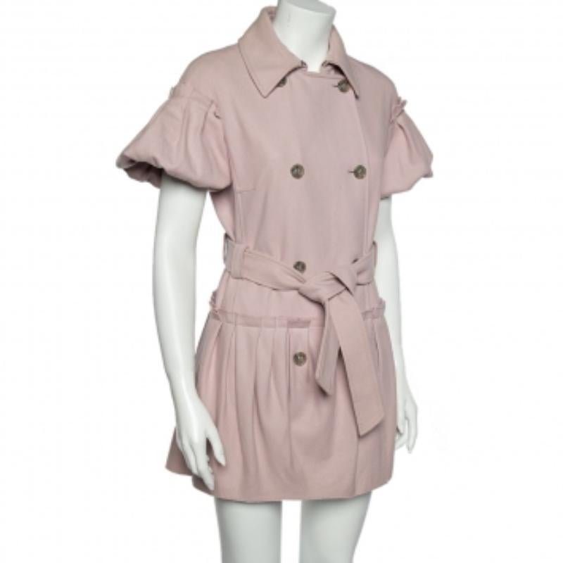 Gray RED Valentino Pink Wool Pleated Detailed Double Breasted Belted Coat S